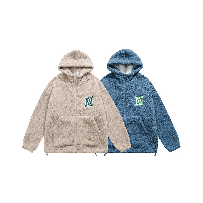 B411港风潮牌冬季保暖加厚羊羔绒字母连帽棉衣