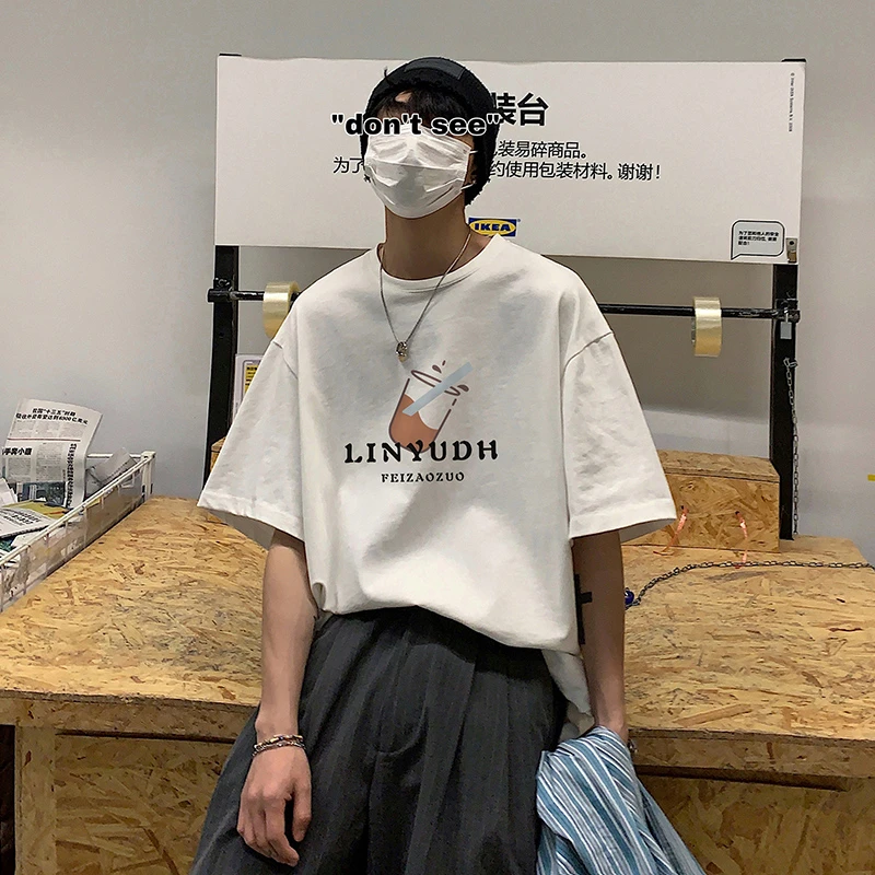 DF384潮牌夏季港风字母奶茶印花情侣百搭宽松圆领短袖t恤