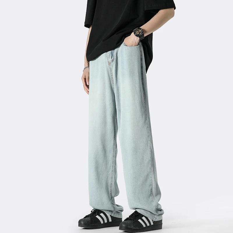 XK2128春夏季男士冰丝牛仔裤潮牌复古水洗休闲直筒天丝凉感长裤子