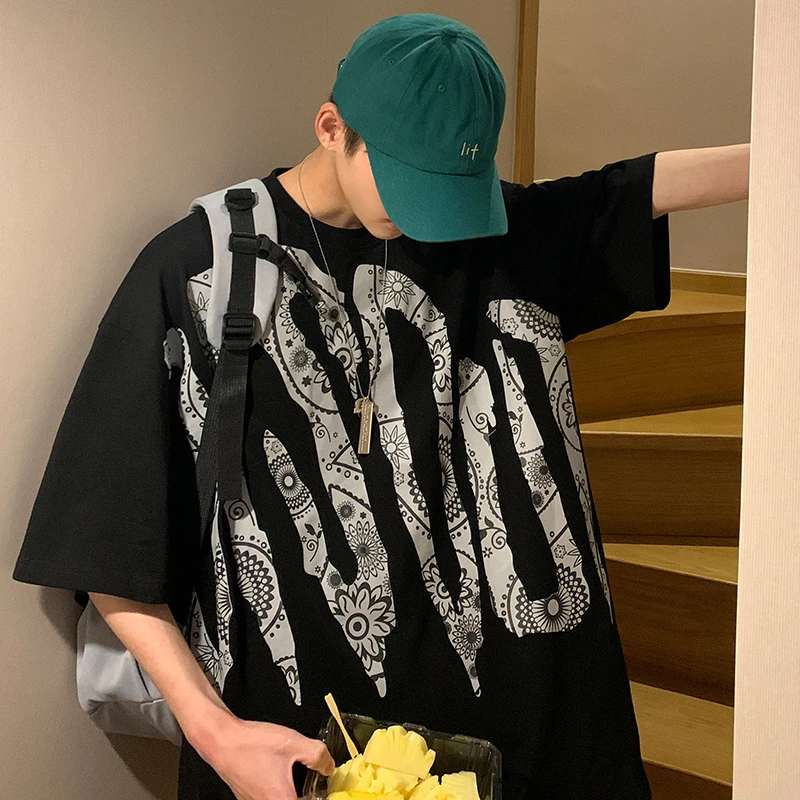 HT1582潮牌夏季美式情侣ins高街宽松休闲腰果花圆领短袖t恤