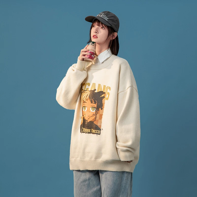 MY9911秋冬情侣复古百搭ins港风卡通印花圆领毛衣