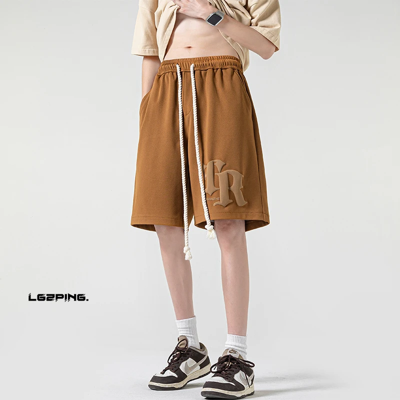 HK23371潮牌夏季复古港风菠萝格发泡字母休闲短裤