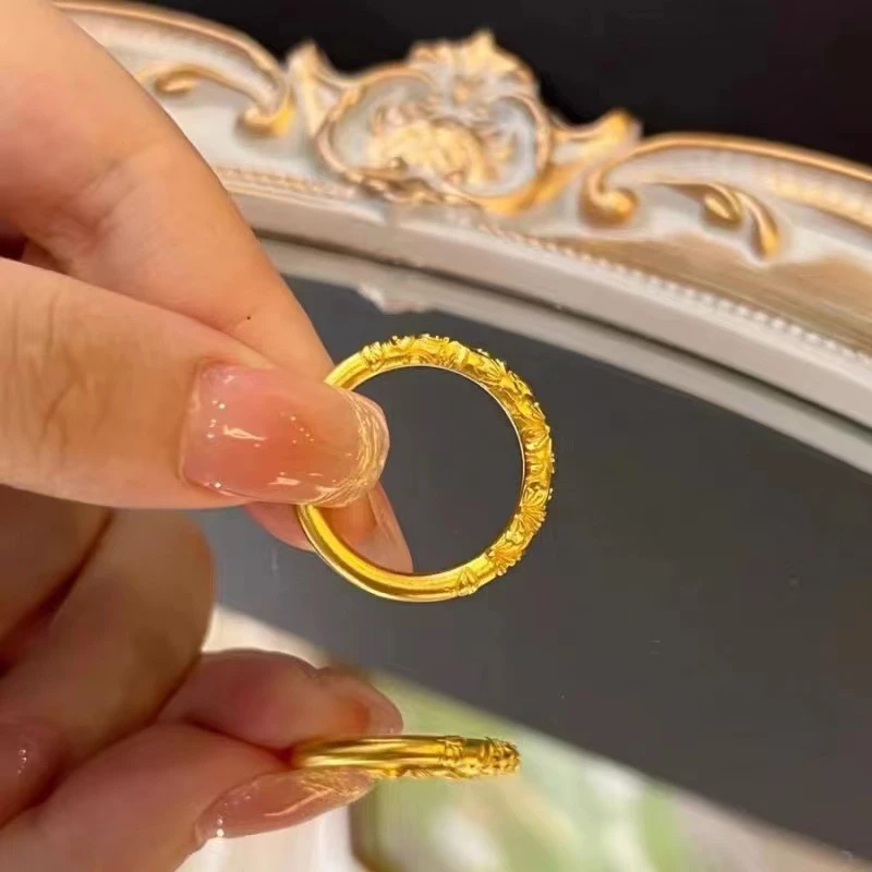 铜合金戒指 复古紫荆花卷草纹戒指女士复古宫廷风金色雕花素圈潮