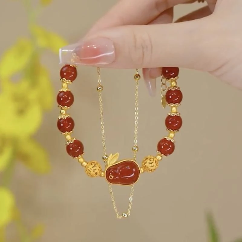 铜合金手链 玉兔手链女款红色双层兔子手串本命年轻奢时尚配饰品