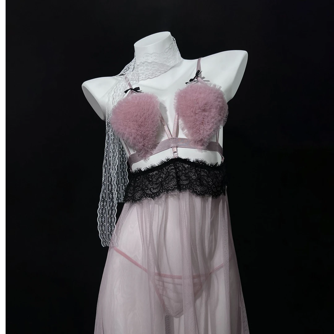 娇掩【80-170斤】纯欲网纱透视爱心睡裙