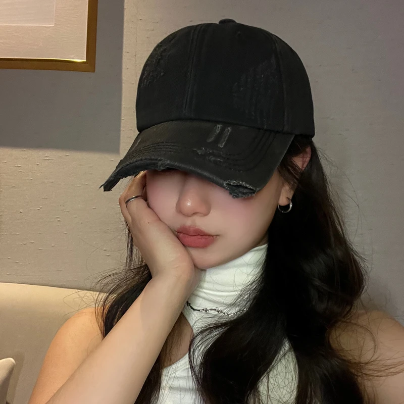 美式复古磨破做旧水洗棒球帽子女时尚百搭春夏天街头潮流鸭舌帽男