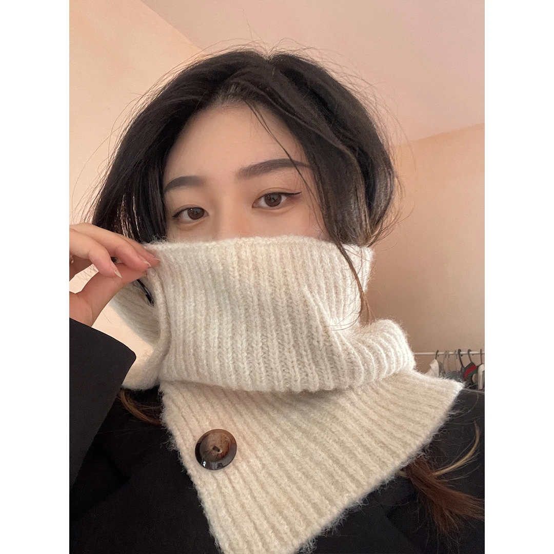 韩版秋冬保暖护颈围脖ins女纯色针织纽扣围巾套帽脖套洋气女披肩