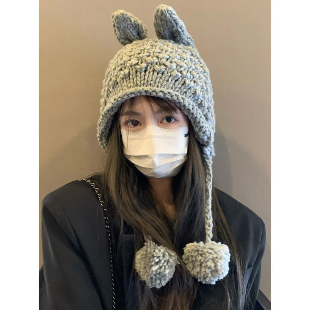 韩国ins风可爱手工兔耳朵毛线帽子女秋冬新款针织护耳保暖雷锋帽