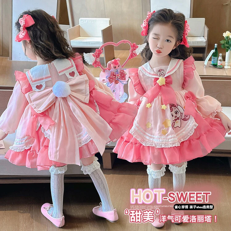 轻奢爱心萌可重工蓬蓬长袖粉色春秋款连衣裙洛丽塔生日公主裙女童