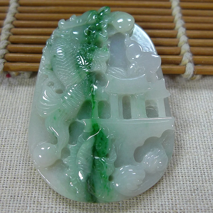 天然翡翠A货龙头鱼挂件冰糯种飘阳绿鱼跃龙门龙头鱼吊坠3560
