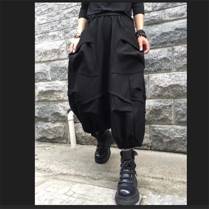 大码2024秋季新款个性哈伦裤口袋褶皱百搭休闲长款阔腿裤垮裤女