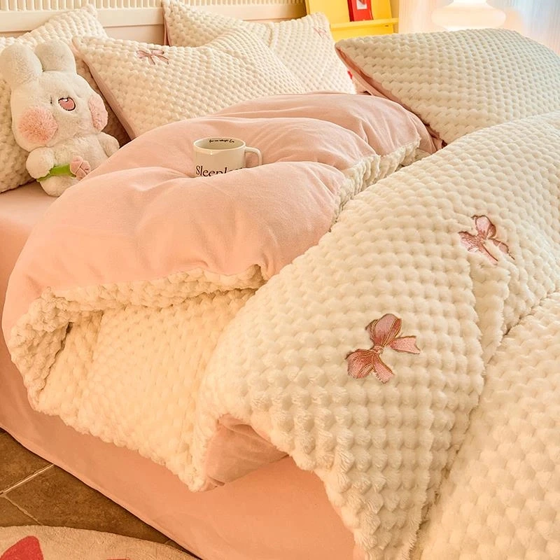 A类豆豆绒床上四件套2024新款加厚加绒毛绒牛奶绒被套珊瑚绒床单