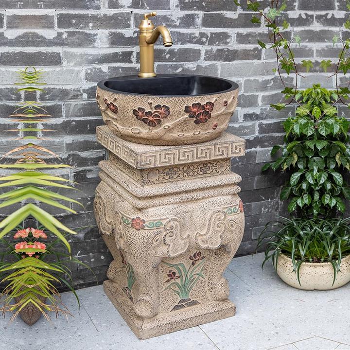 中式洗手池阳台露台落地式一体立柱式洗手盆花园室外庭院洗手台盆