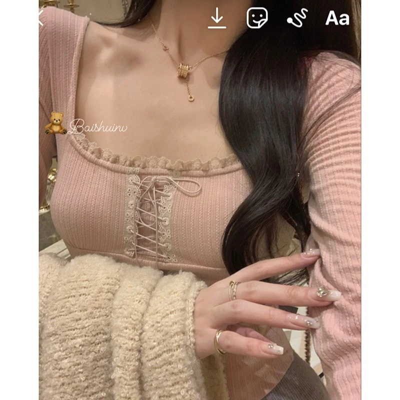 白水女 纯欲修身设计感上衣小众倒三角方领花边打底T恤B2092123