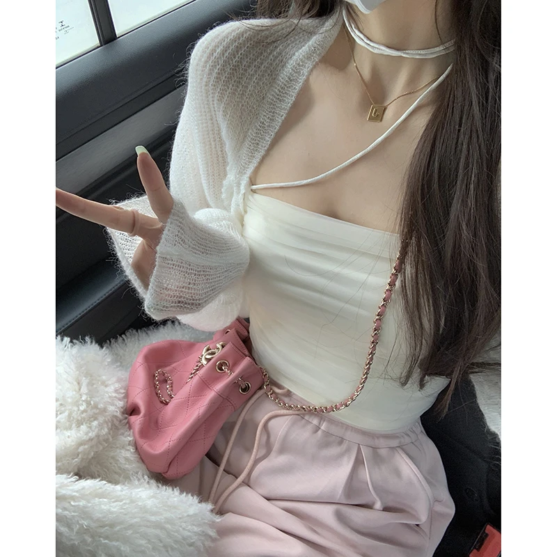 白水女 纯欲气质修身显瘦网纱背心一字肩抹胸短款上衣 B2022018
