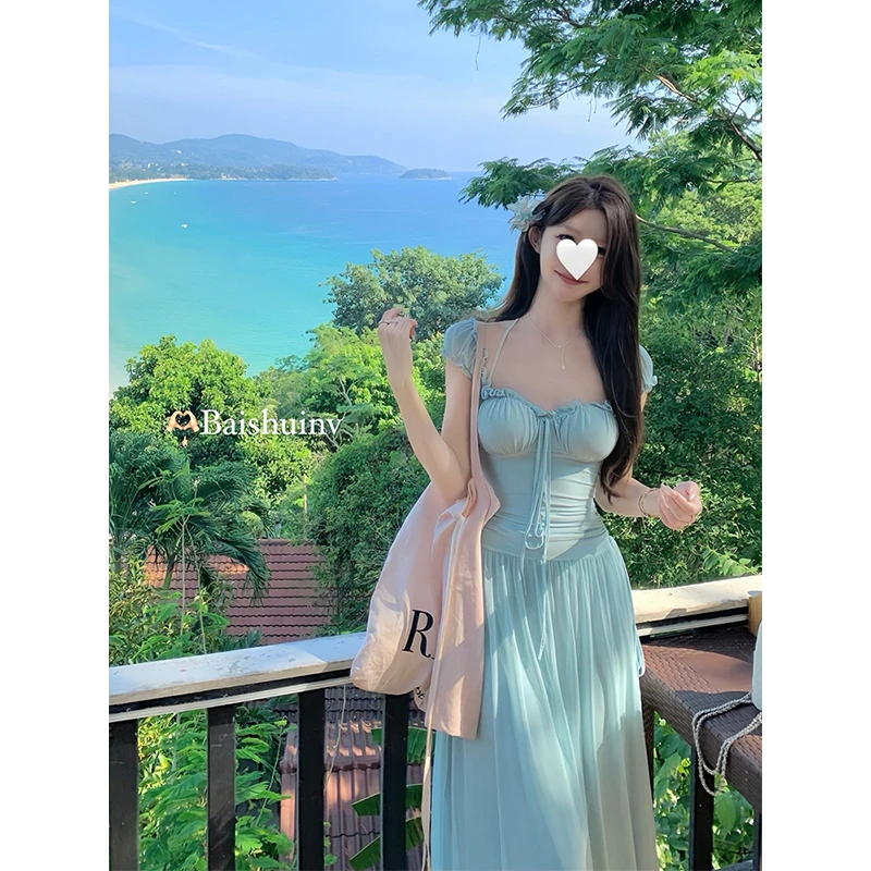 白水女 浪漫花苞袖网纱方领连衣裙气质甜美温柔长裙 B40541431