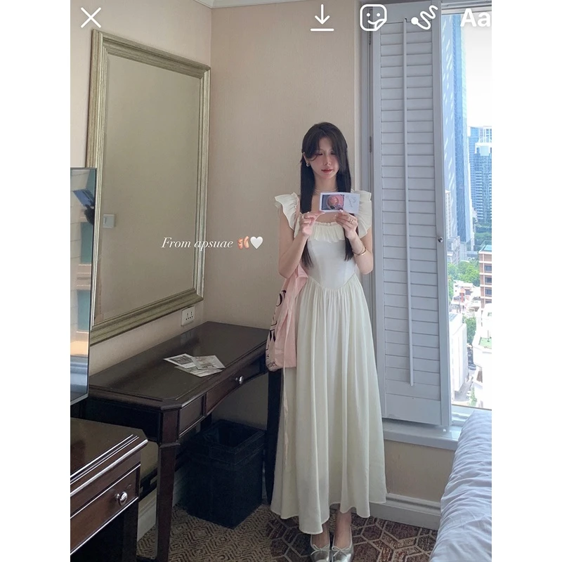 白水女 蜜桃奶冻~荷叶边女小众气质甜美雪纺显瘦长裙子 B3071172
