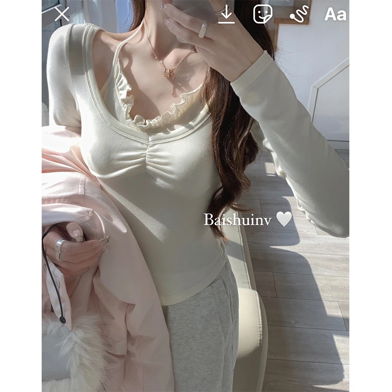 白水女【现现】亲昵打底~假两件内搭修身显瘦设计感短上衣B3111142