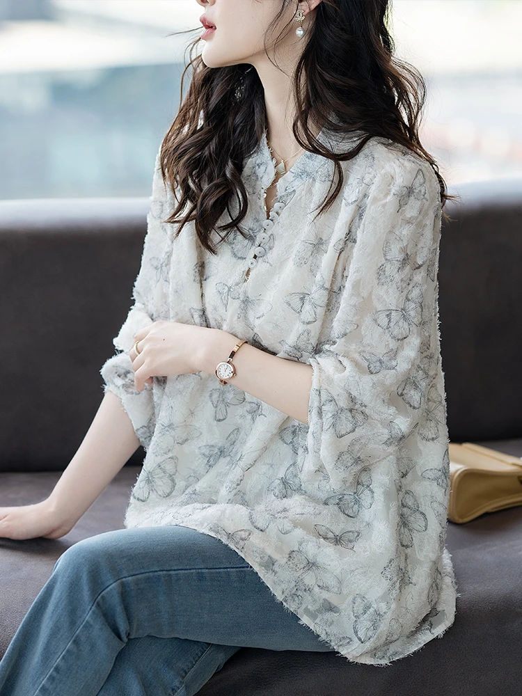 2024秋季新中式水墨印蝴蝶剪花长袖衬衫时尚国风立领休闲减龄衬衣