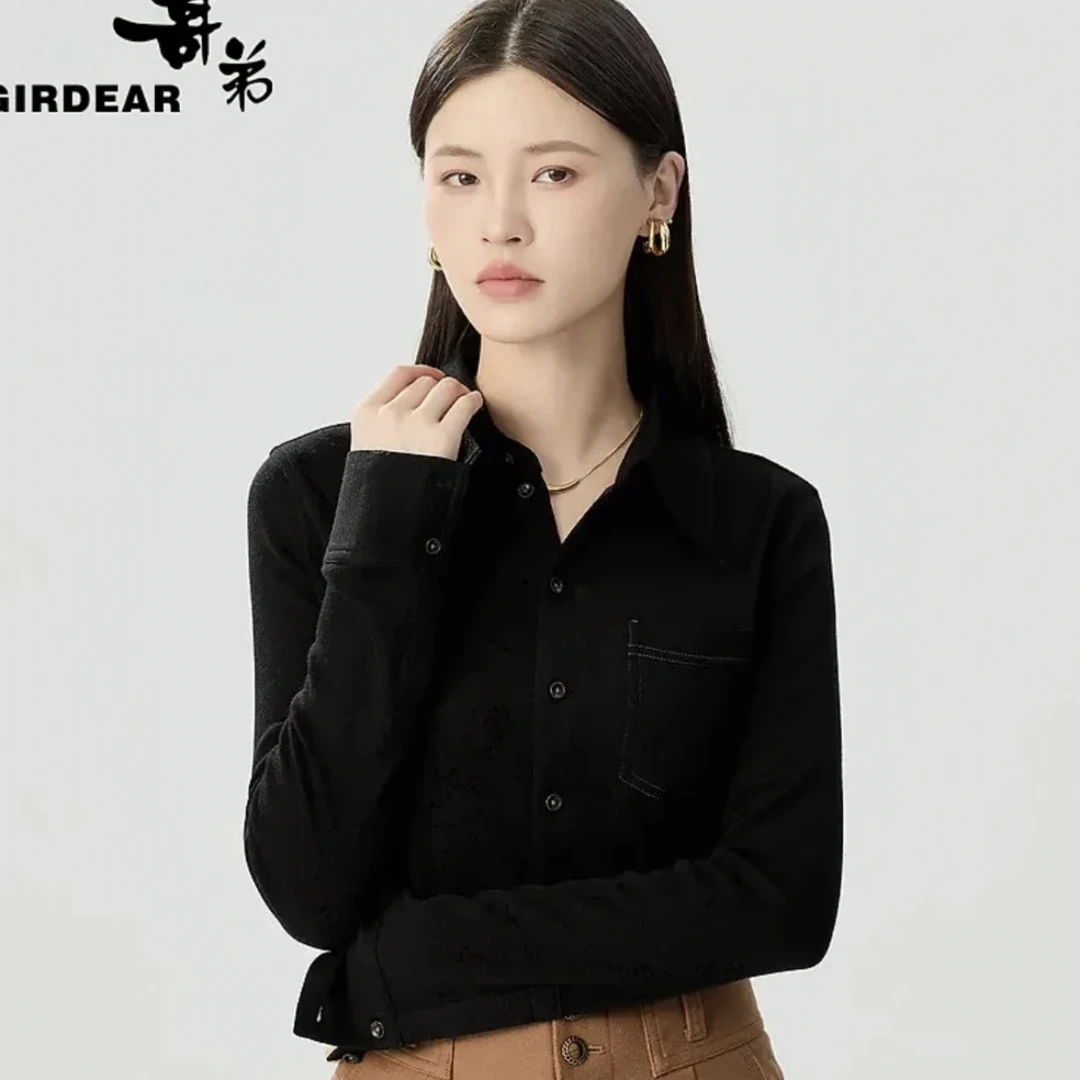 GIRDEAR/哥弟秋冬新款百搭气质通勤修身款羊毛长袖衬衣女1301044