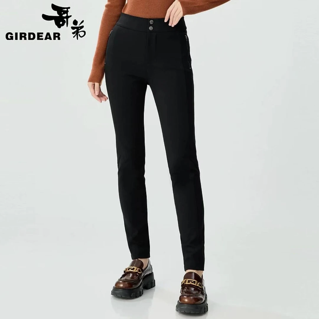 GIRDEAR/哥弟高腰宽腰头保暖磨毛修身九分女裤小脚小黑裤1100525