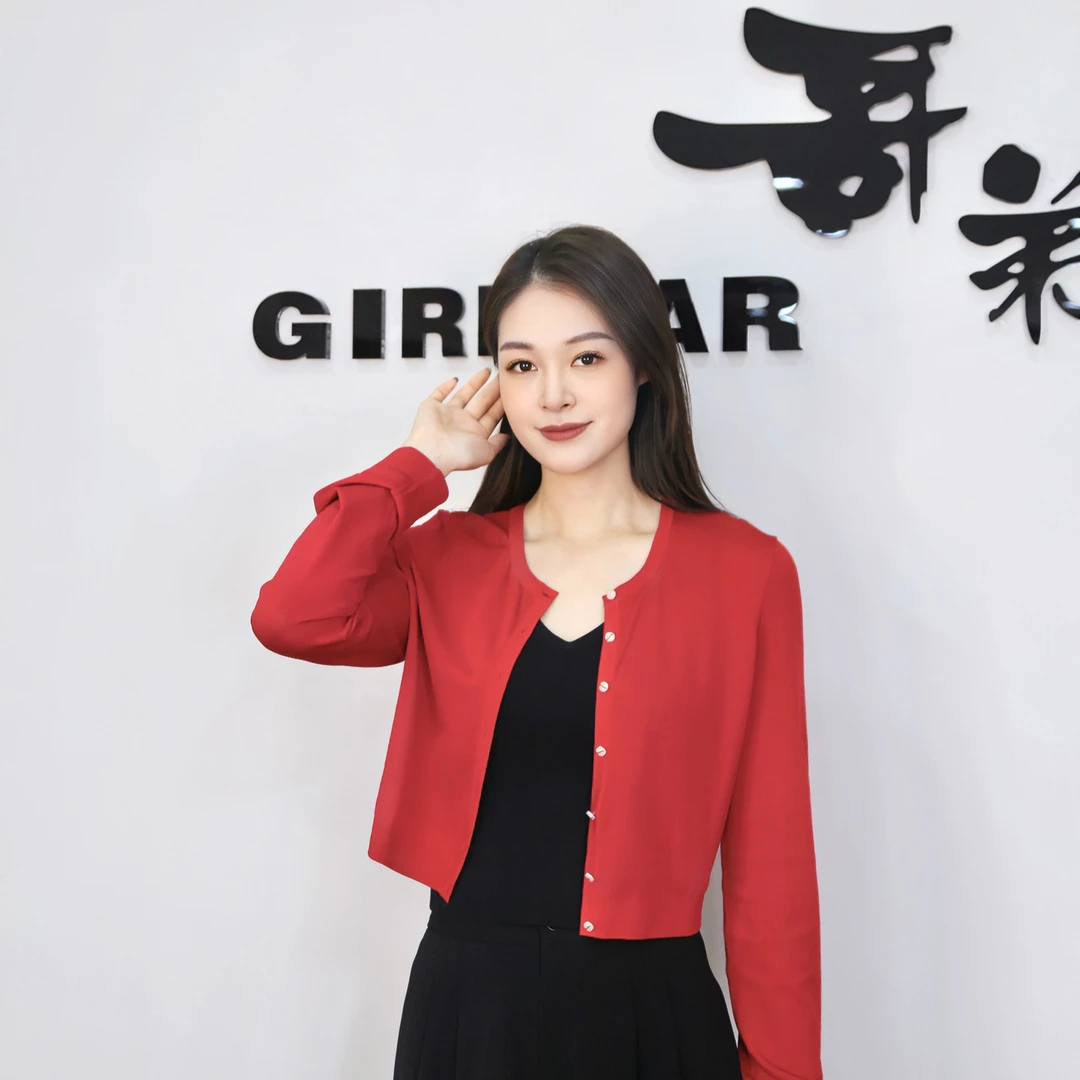 GIRDEAR/哥弟早秋开衫冰丝短款红色百搭圆领针织衫外套女1499107