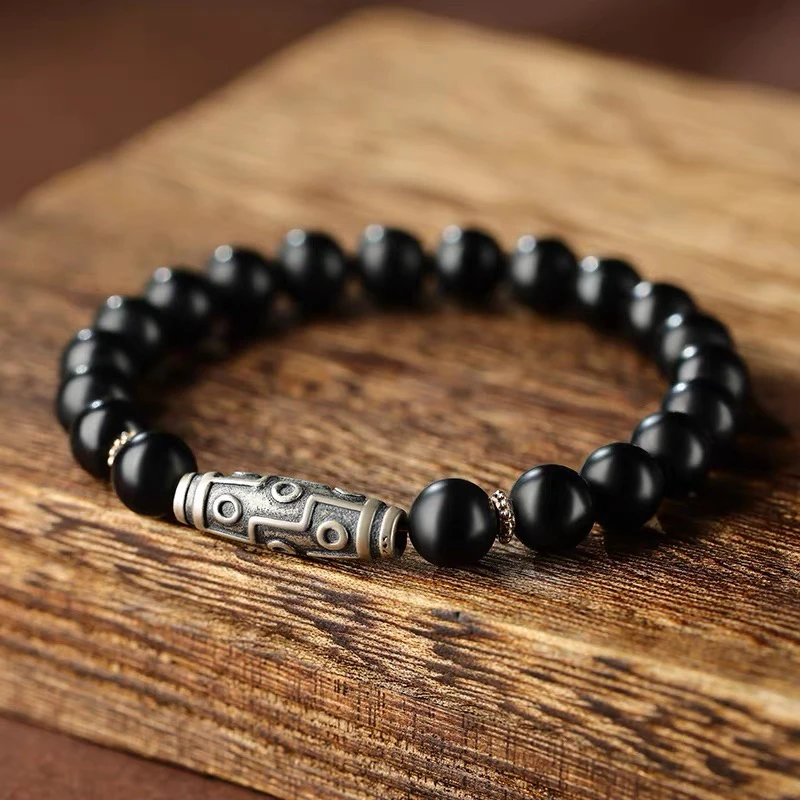 天然黑曜石手链手串男士款纯银复古九眼珠转运手饰品串珠子礼物