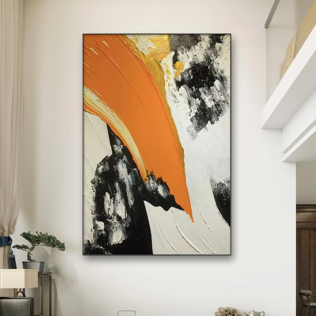 玄关《黑白橙》手工客厅现代简约大客厅餐厅挂画立体装饰艺术竖款
