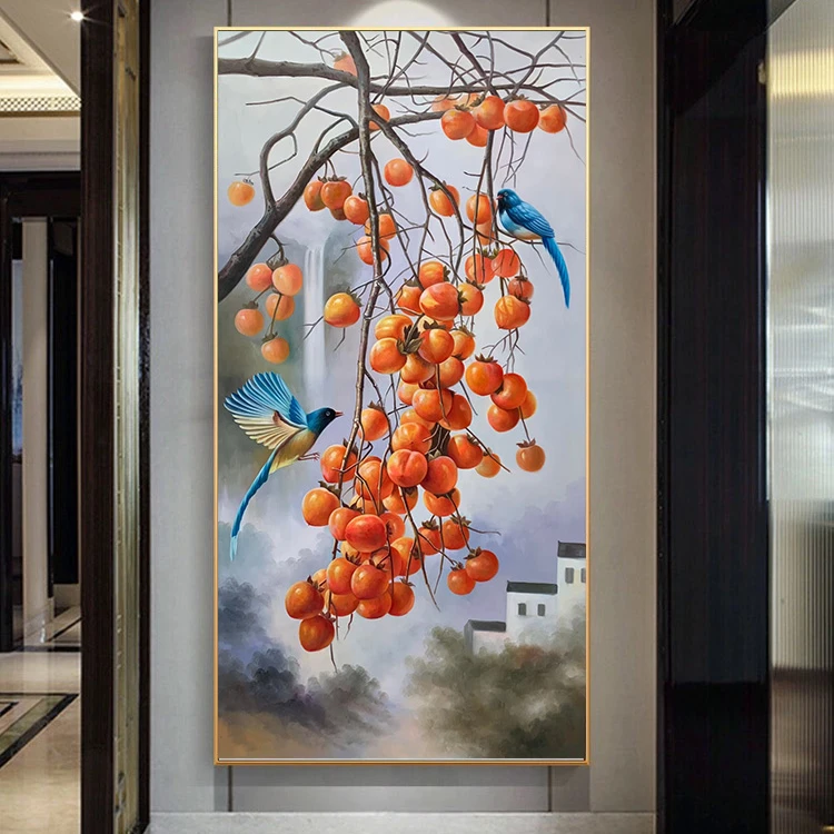 《柿柿如意》纯手绘油画柿子新中式美式入户玄关走廊客厅挂画中古韵