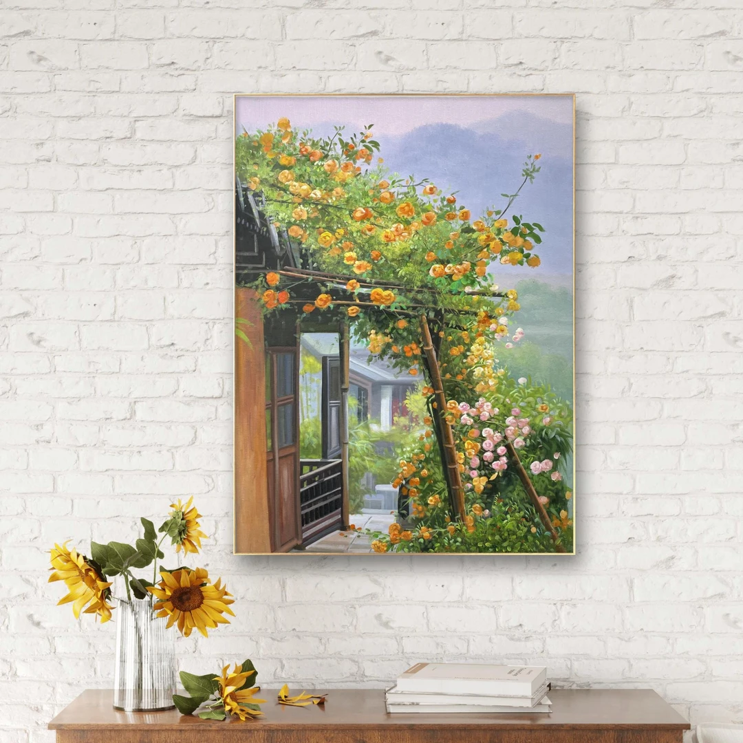 《满院蔷薇》纯手绘油画印象风蔷薇花海端景柜餐厅玄关走廊墙挂画