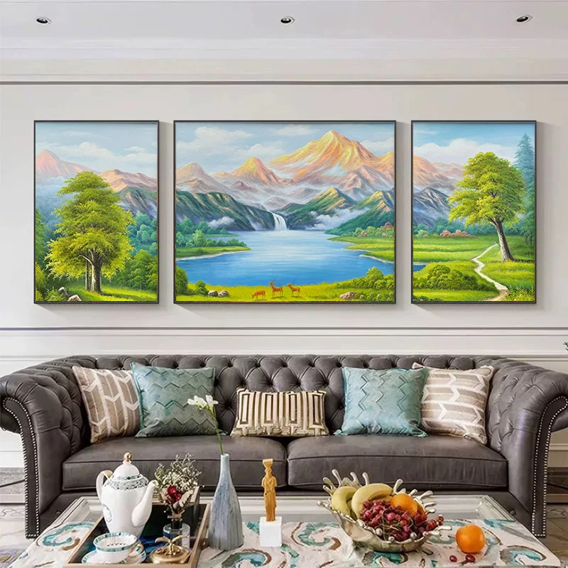 《金山湖》福鹿山水风景画沙发背景墙现代轻奢欧式美式手工装饰画