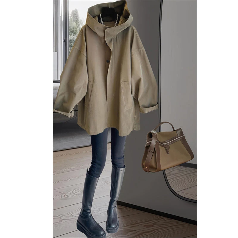 胖妹妹大码宽松连帽工装风衣外套女装春秋款新款上衣简约百搭潮流