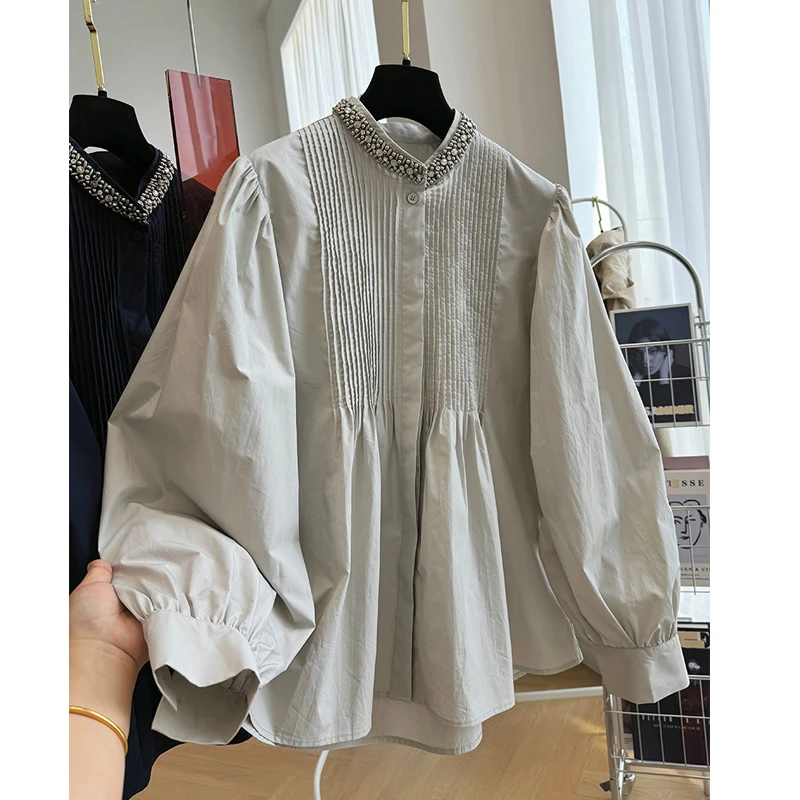 韩系设计感重工褶皱长袖衬衫上衣女春秋新款大码立领衬衣气质小衫