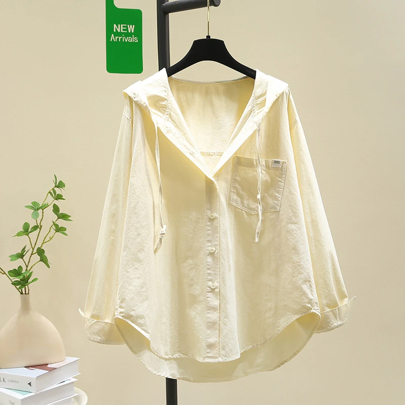 2024春秋新款连帽长袖大码衬衫女设计感韩版薄款宽松百搭衬衣爆款