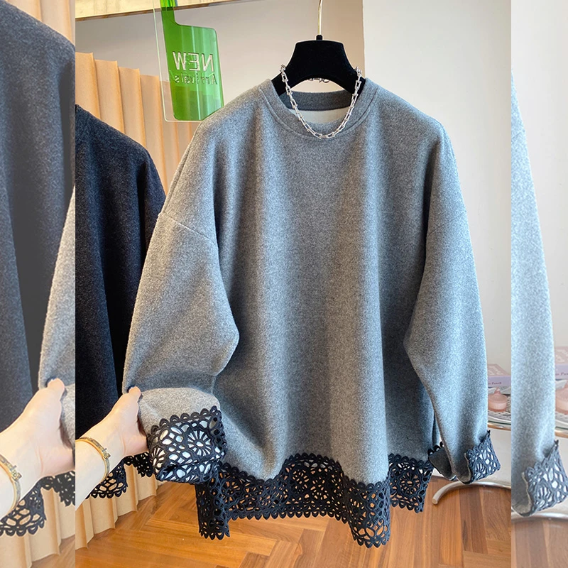 秋冬加绒圆领蕾丝拼接卫衣女胖MM大版宽松遮肚打底衫上衣百搭时尚