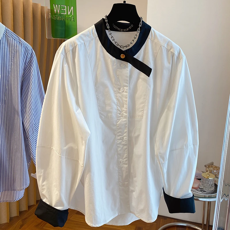 春秋新款韩代撞色圆领长袖宽松衬衫女内搭条纹打底衫漂亮上衣潮流