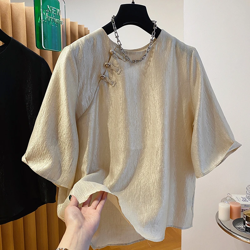 胖妹妹新中式气质时尚复古衬衫女夏宽松小众设计感国风衬衣上衣潮