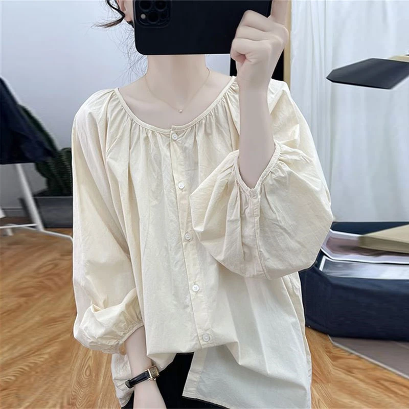 小清新文艺圆领长袖衬衫女春秋显瘦减龄宽松甜美灯笼袖娃娃衫上衣