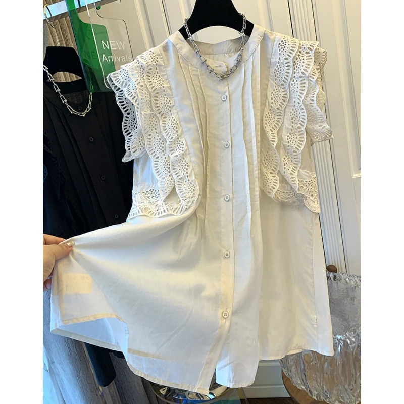 法式复古气质镂空蕾丝衫女夏季新款拼接小飞袖无袖背心衬衫上衣潮