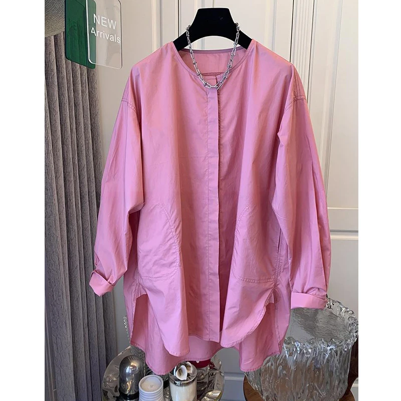 春秋新款大码圆领长袖衬衫上衣女胖MM宽松减龄小衫潮流百搭好看爆