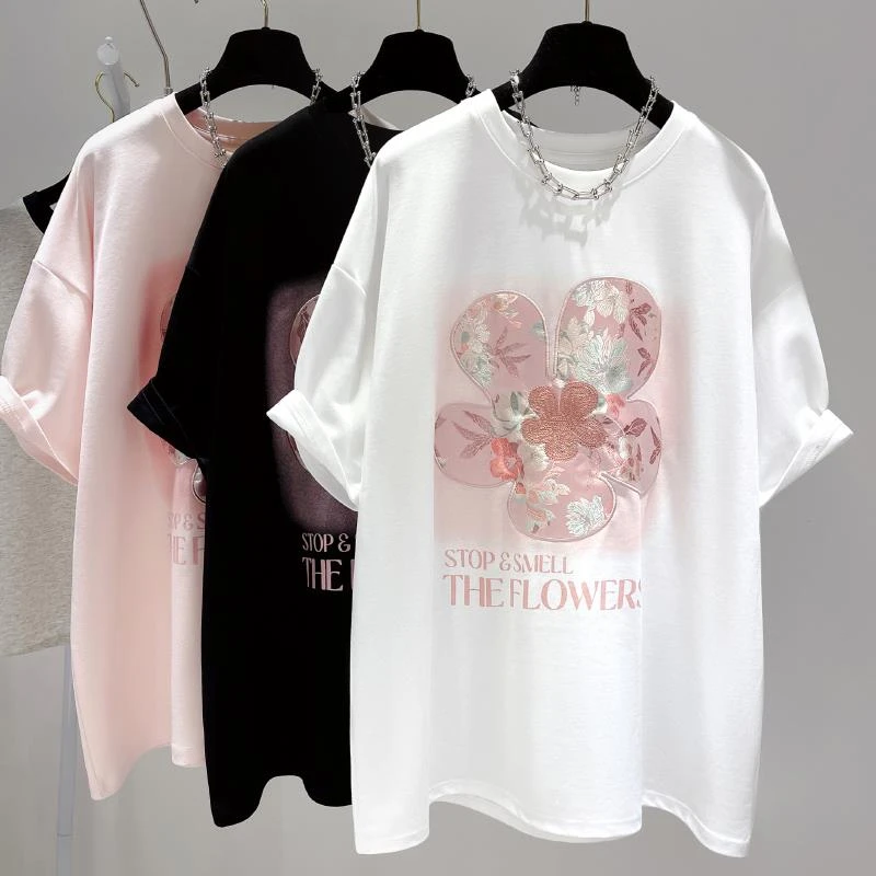 新款新中式国风刺绣短袖T恤女夏装设计感小众宽松显瘦ins上衣百搭