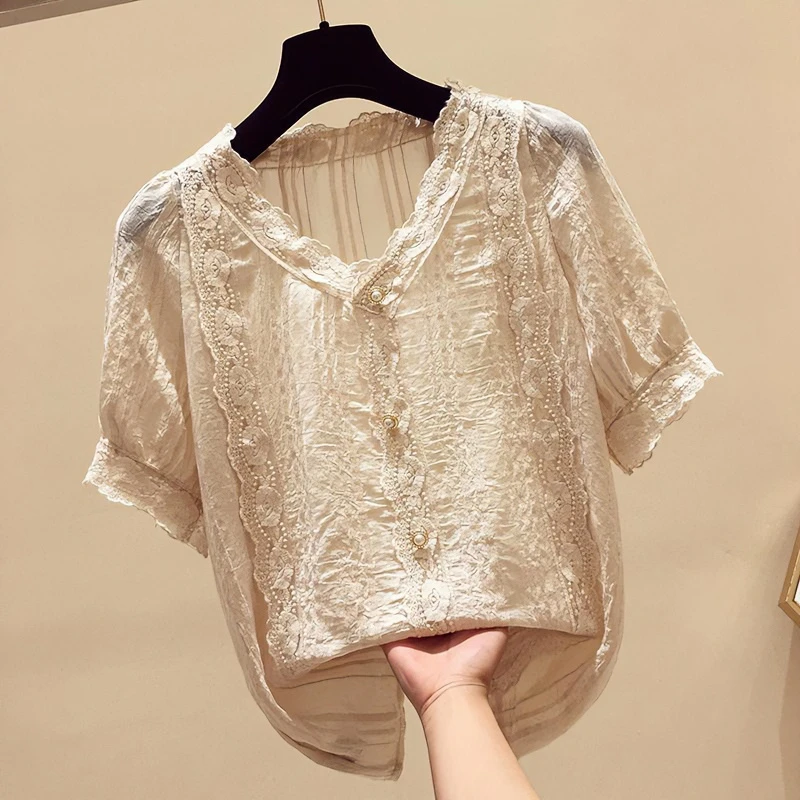 蕾丝衫新款时尚小衫洋气宽松遮肚子大码t恤短袖上衣女装夏季法式
