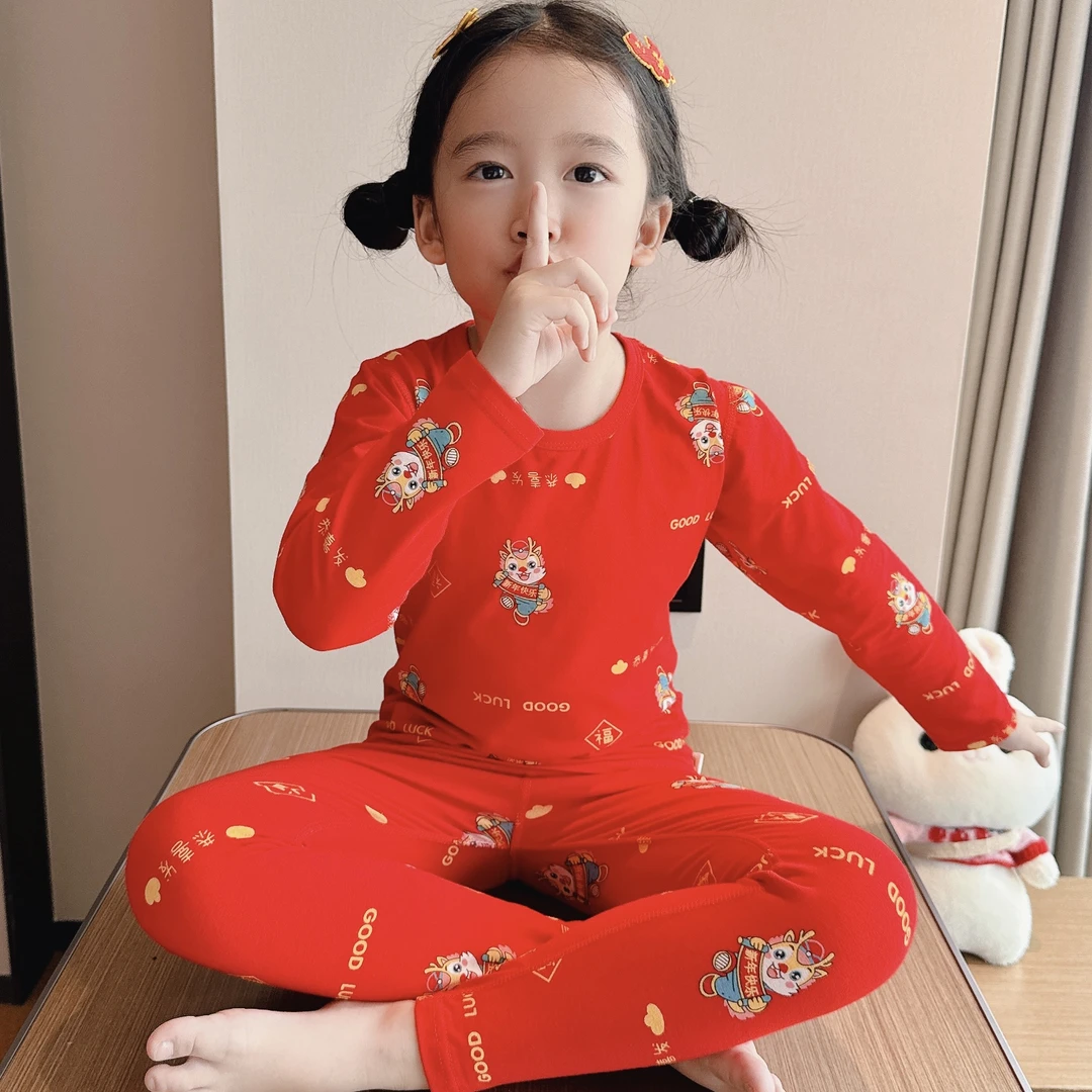 2024年服红色秋衣秋裤大红纯棉本命年内衣套装中大童男童女孩圣诞