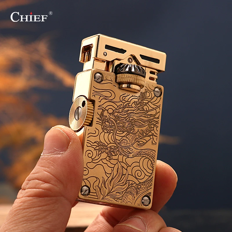 首领纯铜双砂轮侧滑点火打火机省油耐用抬臂精雕神龙煤油机机械风