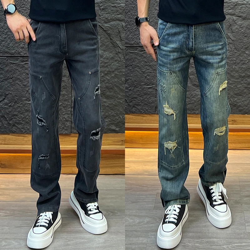 复古牛仔裤男士美式轻奢潮牌印花休闲裤2025爆款时尚百搭潮男裤子