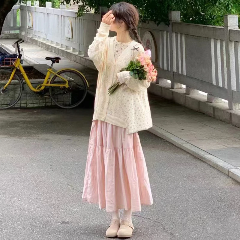 粉色温柔风半身裙女2024春季新款甜美减龄高腰显瘦层次感a字长裙