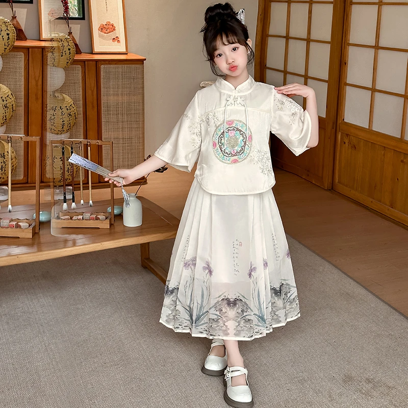 汉服女童马面裙套装夏季2024新款儿童中式复古国风刺绣小女孩唐装