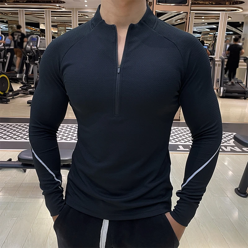 疆域包邮秋冬季新款健身服男士立领修身运动训练长袖半拉链休闲上