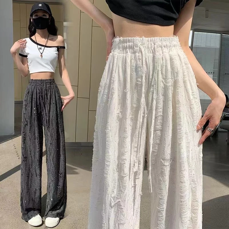 夏季破洞烫钻新款百搭运动阔腿裤潮流街头长裤时髦松紧腰休闲裤女