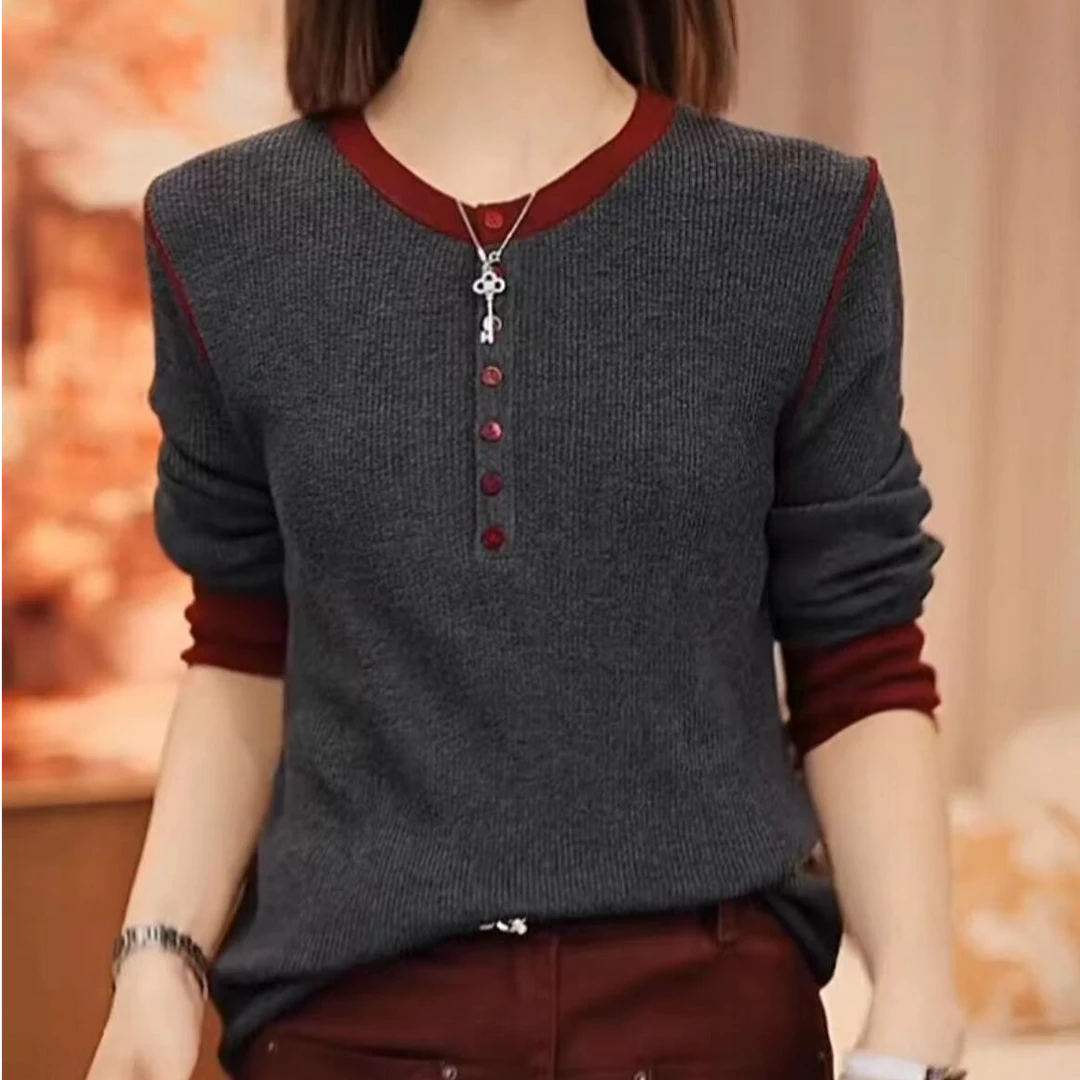 系扣子圆领时尚洋气显瘦网红针织休闲女士百搭秋冬气质打底衫